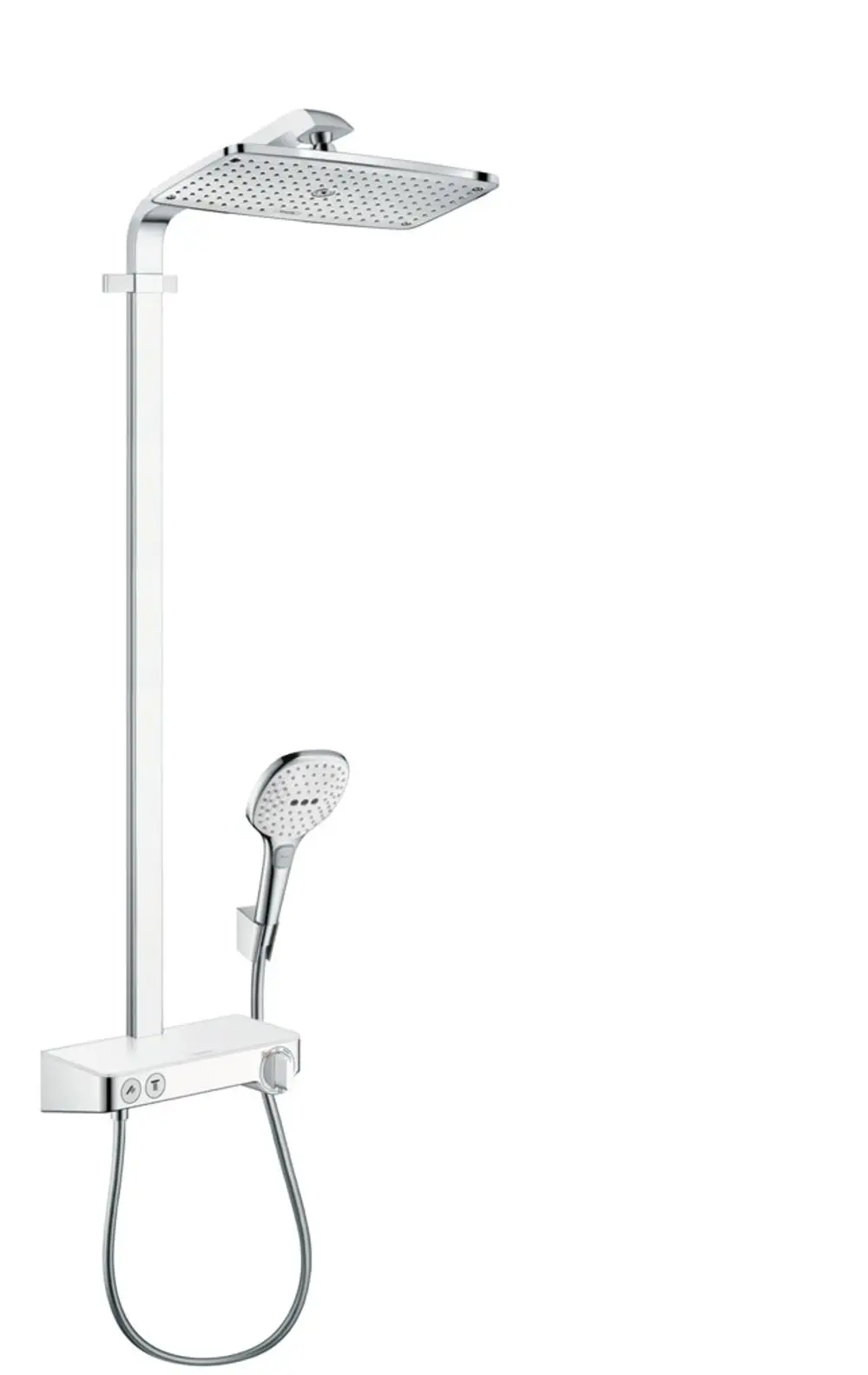 Hansgrohe Duschsystem mit einer großen Kopfbrause und einer Handbrause, verbunden durch eine flexible Schlauchleitung, in chromfarbenem Finish.